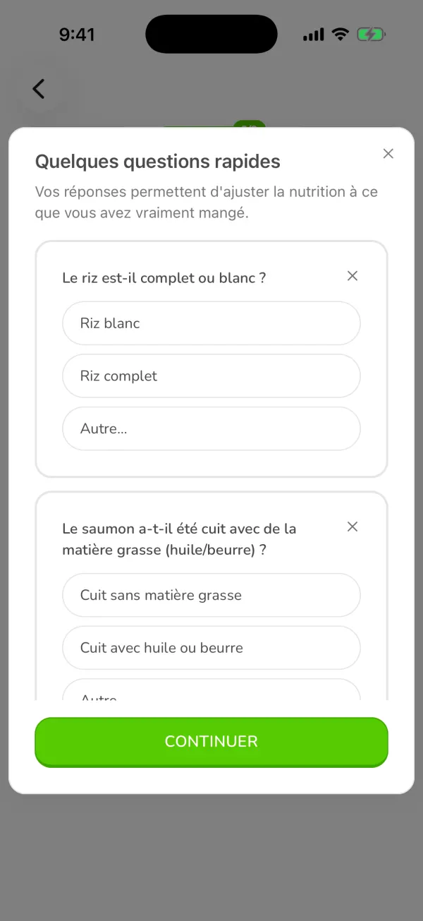 Les questions rapides du Scan IA d'Ubod sur le type de riz et la cuisson du saumon