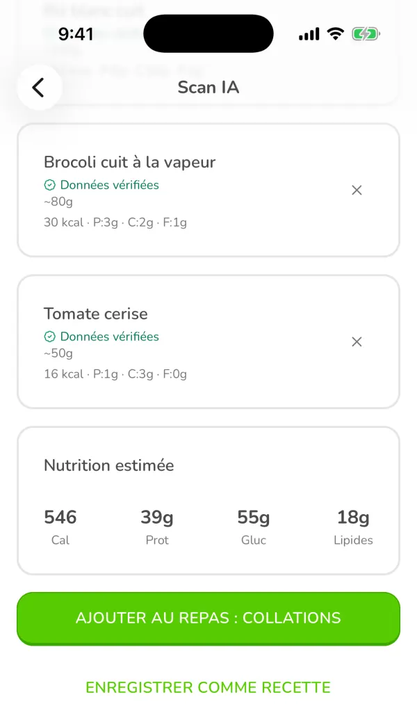 Le total Nutrition estimée de 546 kcal et les boutons Ajouter au repas et Enregistrer comme recette dans Ubod