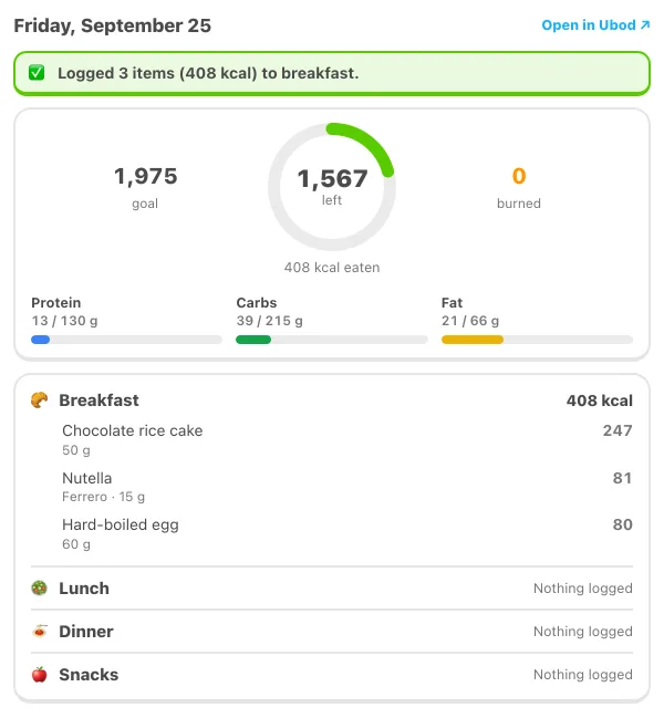 The Ubod day card in the assistant: 3 foods logged to breakfast (408 kcal) and 1,567 kcal left of a 1,975 kcal goal