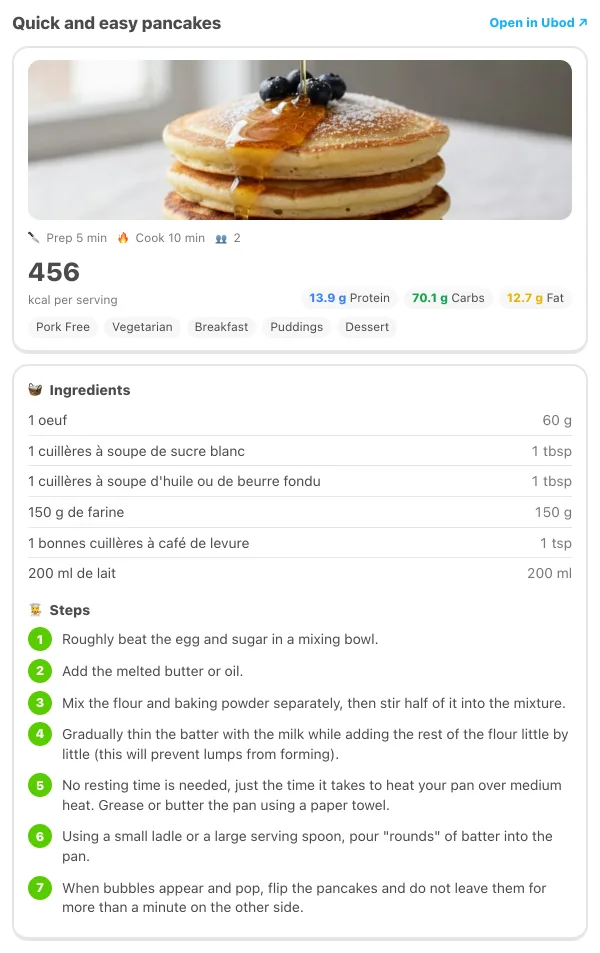 A recipe card from Ubod in the assistant: quick and easy pancakes, 456 kcal per serving, with the ingredients and numbered steps