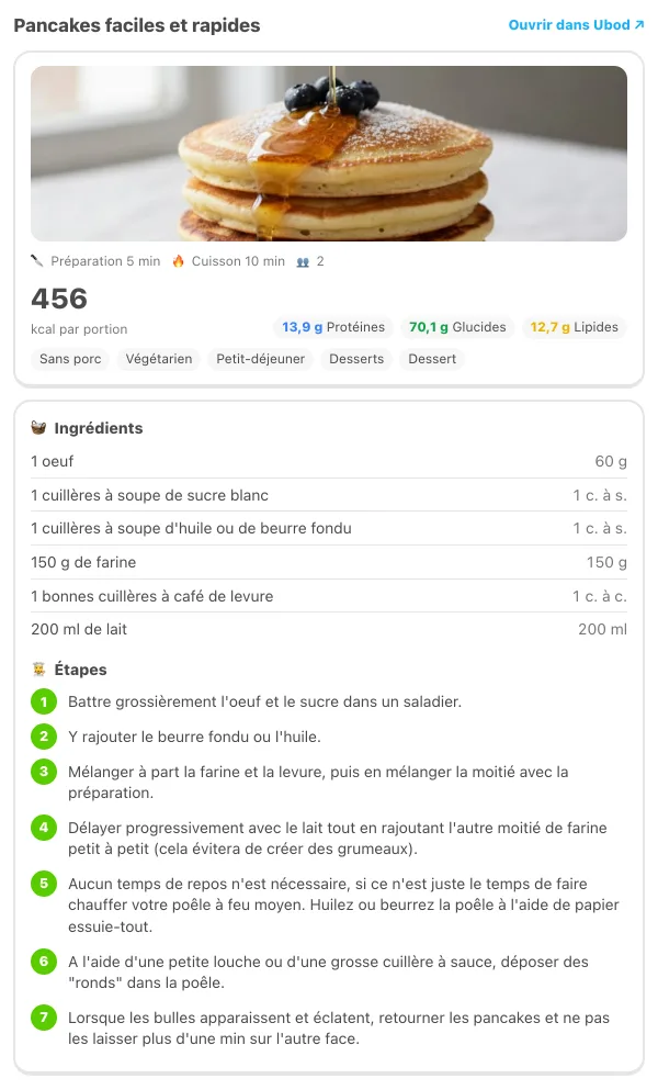 Une recette Ubod dans ChatGPT : pancakes faciles et rapides, 456 kcal par portion, ingrédients et étapes numérotées
