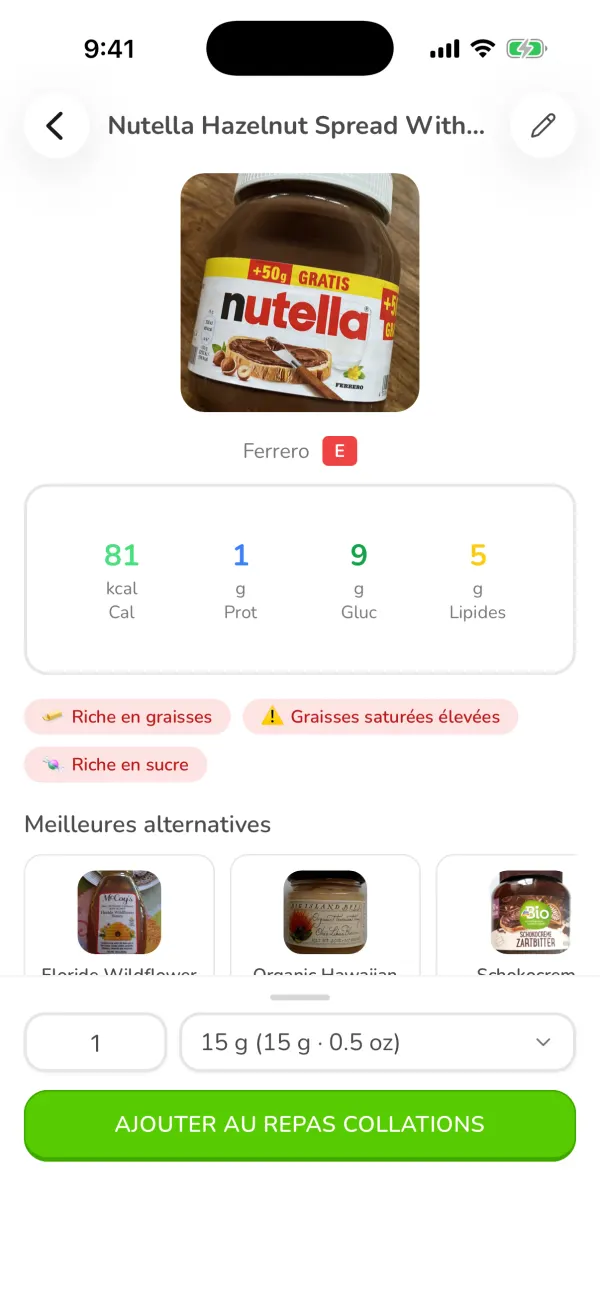 La fiche du produit Nutella dans Ubod avec le Nutri-Score, les calories par portion et les meilleures alternatives