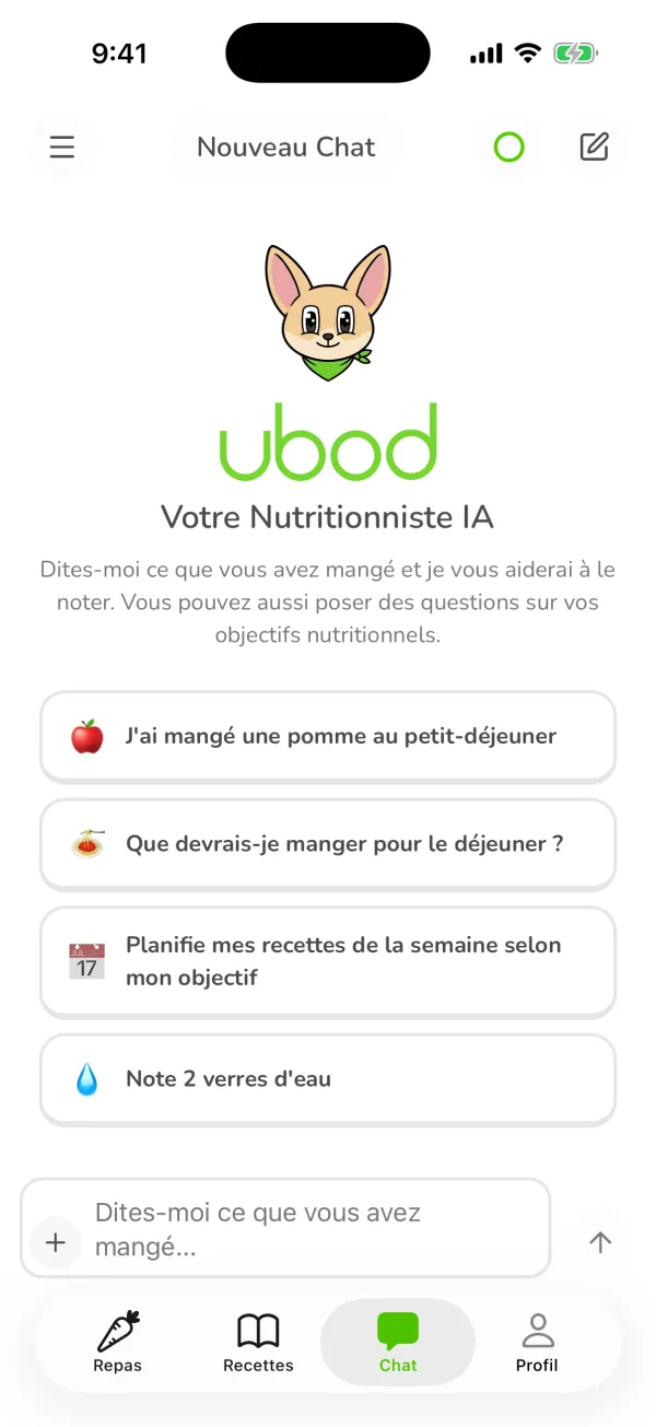 L'écran Nouveau Chat d'Ubod avec Fanak, Votre Nutritionniste IA et quatre suggestions de messages