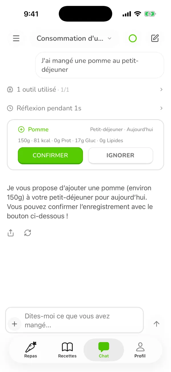 Fanak propose d'ajouter une pomme de 150 g et 81 kcal au petit-déjeuner avec les boutons Confirmer et Ignorer