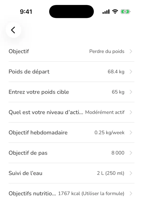 L'écran Mes objectifs d'Ubod avec l'objectif Perdre du poids, le poids cible de 65 kg, 8 000 pas et 1767 kcal