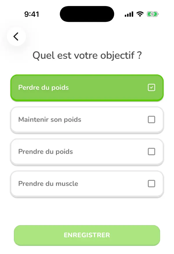 Le choix de l'objectif dans Ubod : perdre du poids, maintenir son poids, prendre du poids ou prendre du muscle