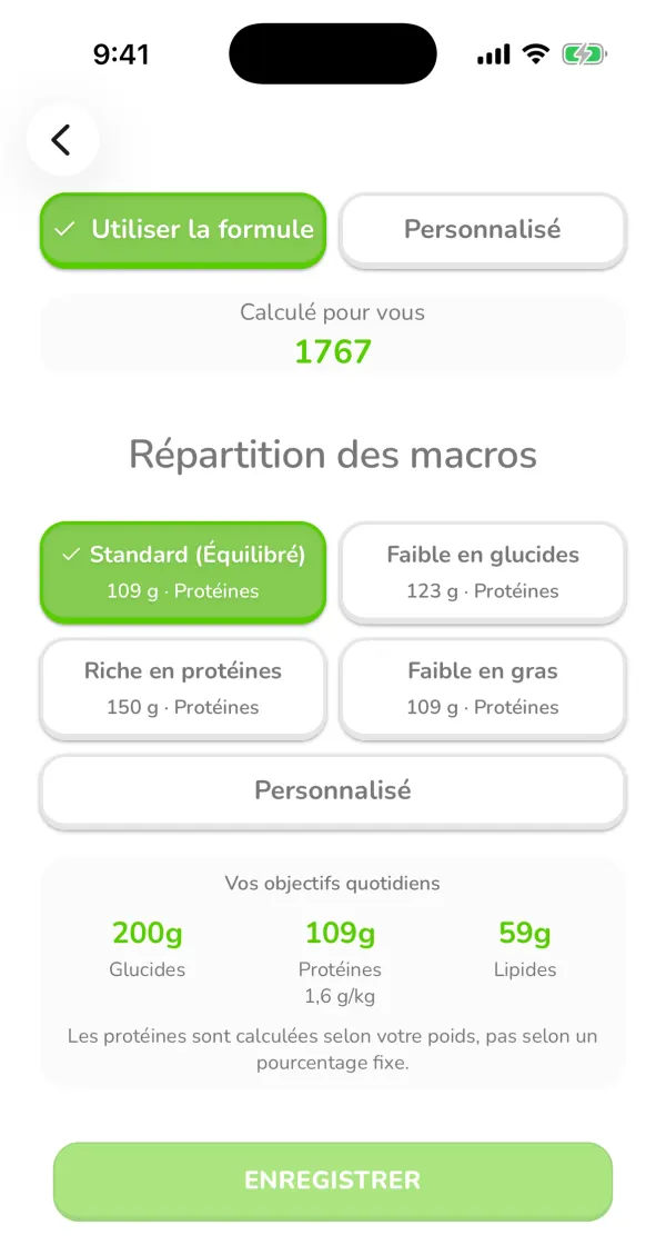 Les objectifs nutritionnels d'Ubod avec 1767 kcal calculées, la répartition Standard et 200 g de glucides, 109 g de protéines et 59 g de lipides