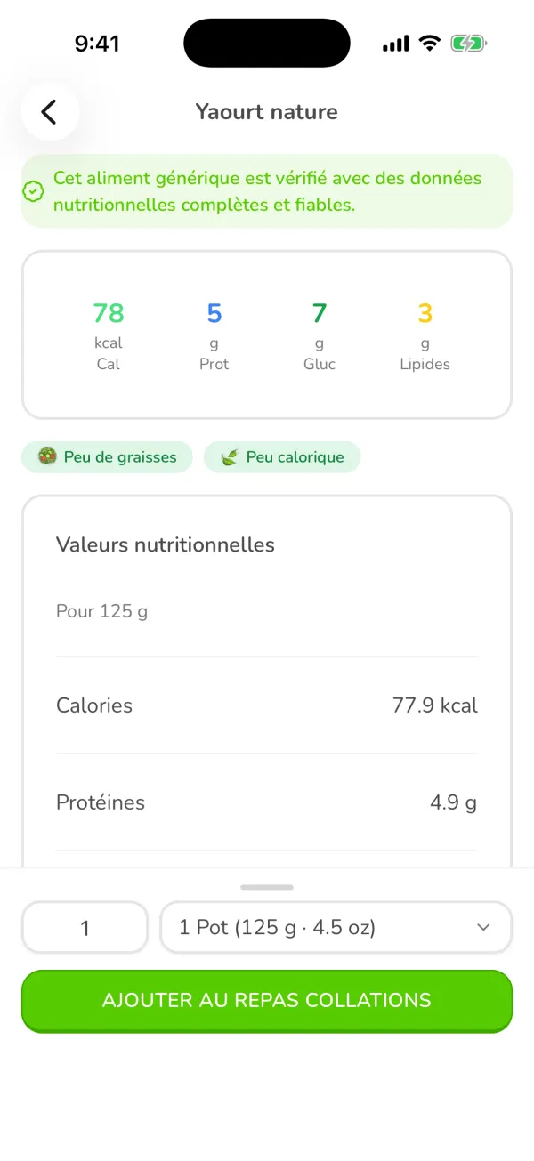 La fiche d'un yaourt nature dans Ubod avec 78 kcal pour un pot de 125 g et le bouton Ajouter au repas Collations