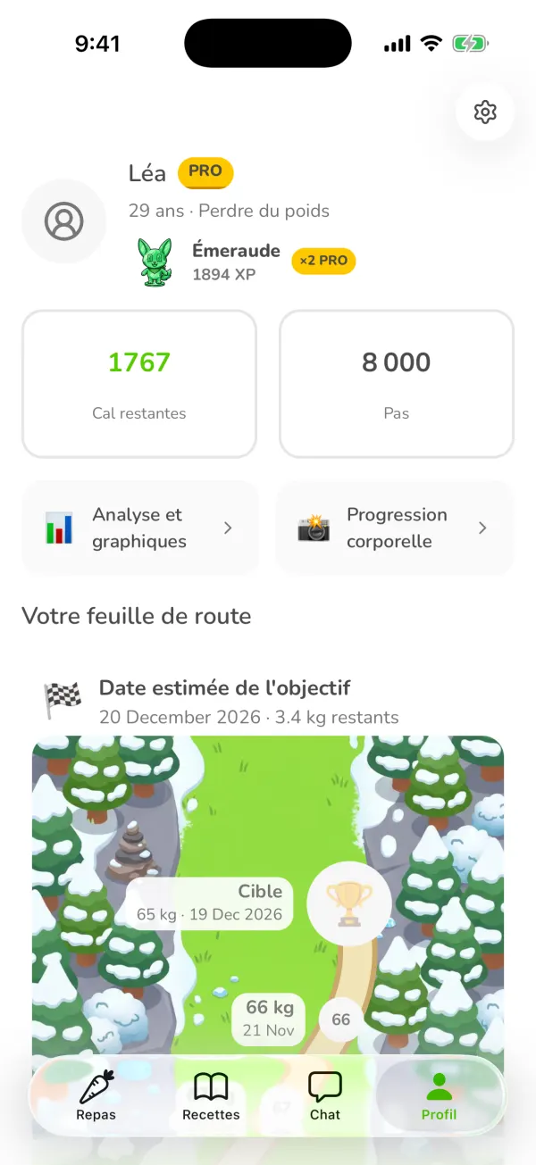 L'onglet Profil d'Ubod avec les calories restantes, l'objectif de pas, la feuille de route et l'engrenage des paramètres