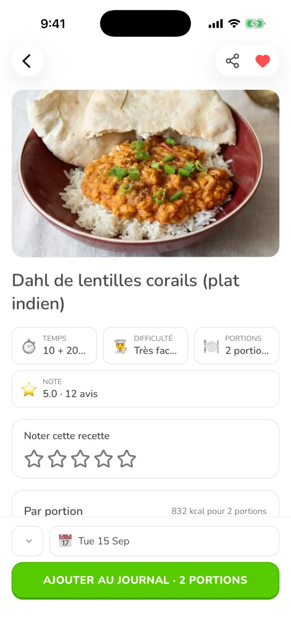 La fiche de la recette Dahl de lentilles corail dans Ubod avec le temps, la difficulté, les portions et le bouton Ajouter au journal