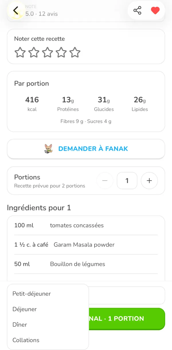 Le menu de choix du repas ouvert au-dessus du bouton Ajouter au journal pour une portion dans Ubod