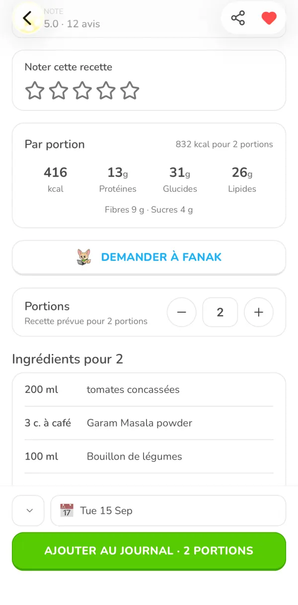 Le bloc Par portion avec 416 kcal, le réglage des portions et la liste des ingrédients pour 2 dans Ubod