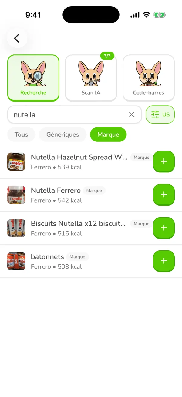 La recherche nutella filtrée sur Marque dans Ubod avec les produits Ferrero et leurs calories
