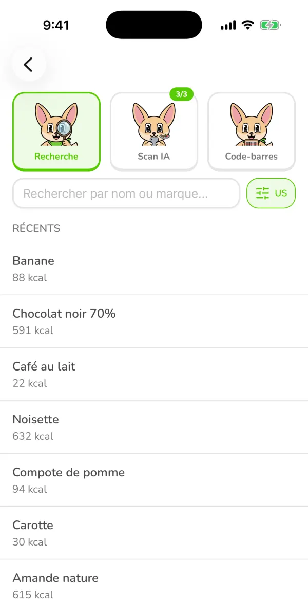 L'écran de recherche d'aliments d'Ubod avec les onglets Recherche, Scan IA et Code-barres et la liste des aliments récents