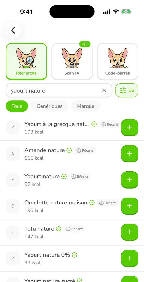 Les résultats de recherche pour « yaourt nature » dans Ubod, avec les calories et un bouton + sur chaque ligne