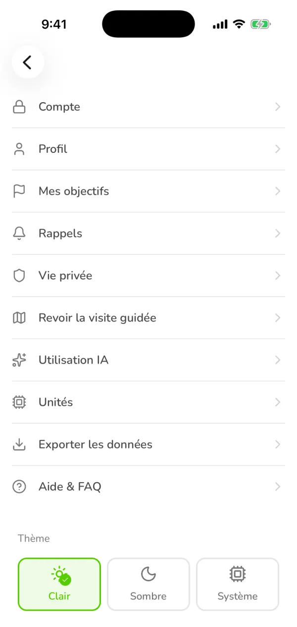 L'écran Paramètres d'Ubod avec Compte, Profil, Mes objectifs, Rappels, Utilisation IA, Unités et le thème