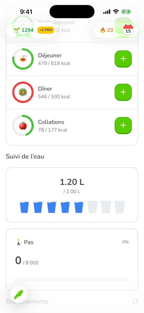 L'écran Repas d'Ubod après l'ajout d'un yaourt : les Collations affichent 78 sur 177 kcal