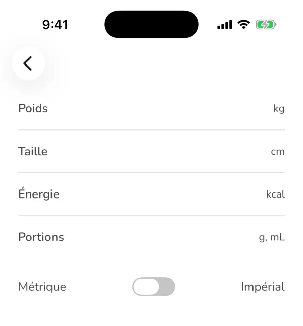 L'écran Unités d'Ubod avec le poids en kg, la taille en cm, l'énergie en kcal et l'interrupteur Métrique ou Impérial
